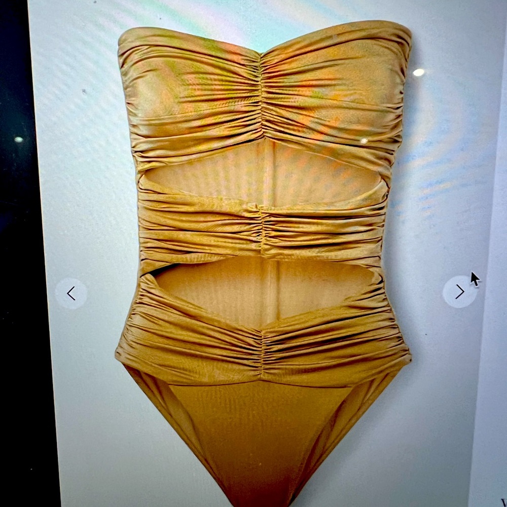 Maygel Coronel Icaco cutout ruched metallic swimsuit, size petite